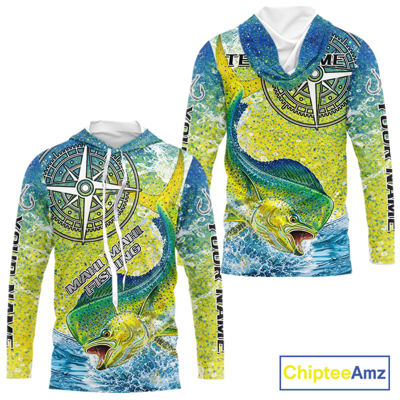 Personalized Mahi Mahi Fishing Shirts Green Scales Compass Performance Tournament Mahi Mahi Jerseys NQS11441