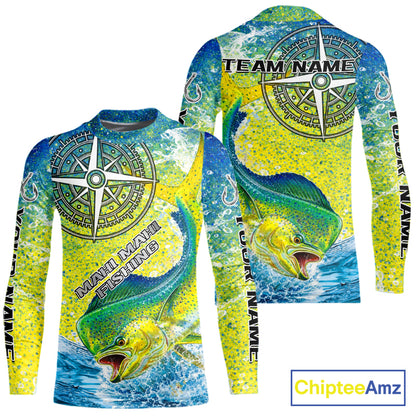 Personalized Mahi Mahi Fishing Shirts Green Scales Compass Performance Tournament Mahi Mahi Jerseys NQS11441