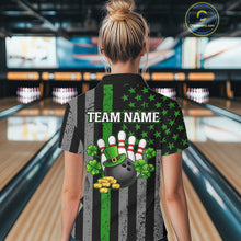 Load image into Gallery viewer, Custom Black Grunge US Flag Patriotic Bowling Shirt For Women Green Shamrock St Patrick Team Jersey NQS11447