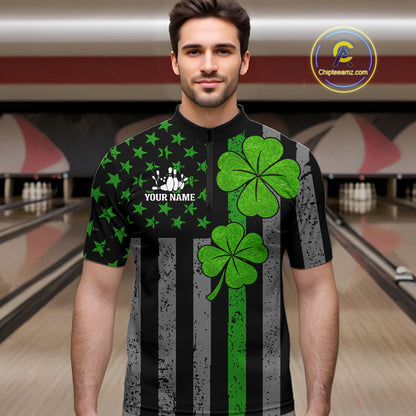 Custom Black Grunge US Flag Patriotic Bowling Shirt For Men Green Shamrock St Patrick Team Jersey NQS11447