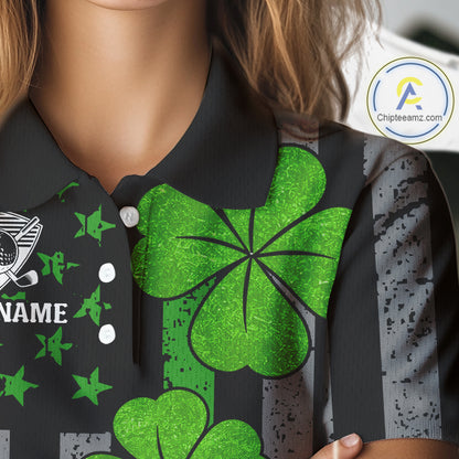 Custom Black Grunge US Flag Patriotic Golf Polo shirt for Women Green Shamrock St Patrick Team Jersey NQS11448