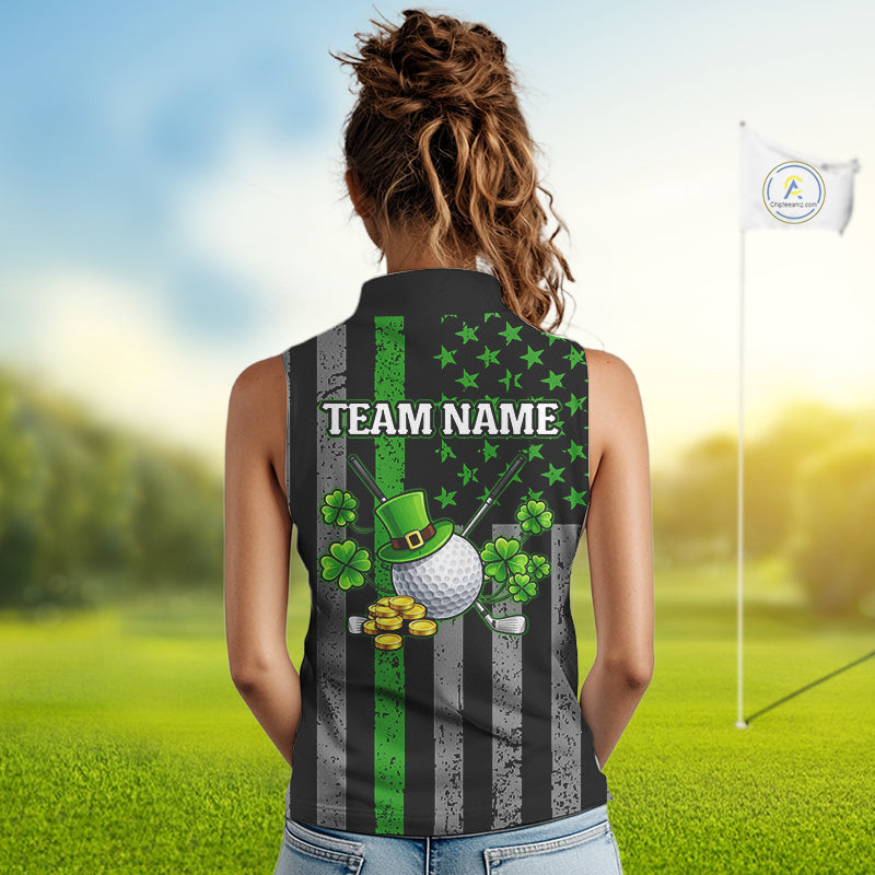 Custom Black Grunge US Flag Patriotic Sleeveless Polo shirts Green Shamrock St Patrick Golf Jersey NQS11448