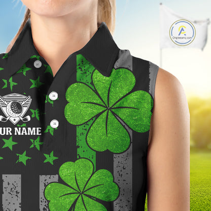 Custom Black Grunge US Flag Patriotic Sleeveless Polo shirts Green Shamrock St Patrick Golf Jersey NQS11448