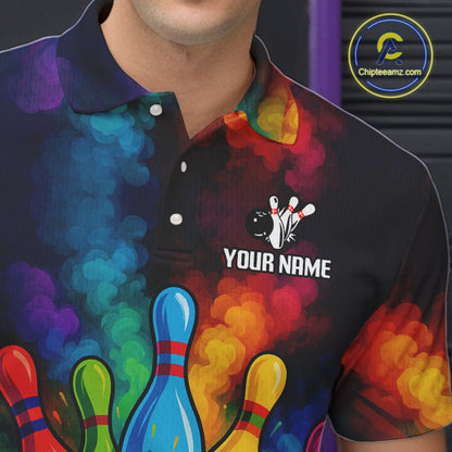 Colorful smoke Bowling Polo, Quarter Zip Shirt for Men Custom Bowling Team shirts for bowlers NQS10646