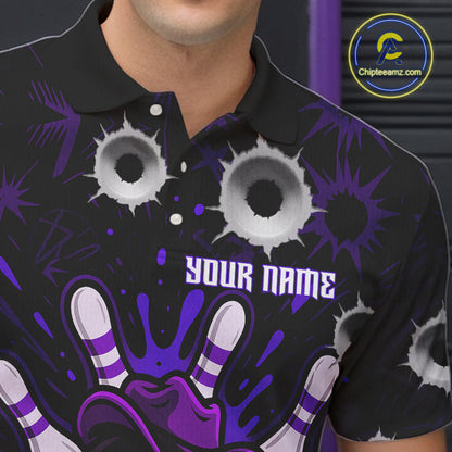 Funny Black and Purple Bowling Cowboy gun Men bowling polo, 1/4 zip shirts Custom bowling team jersey NQS10659