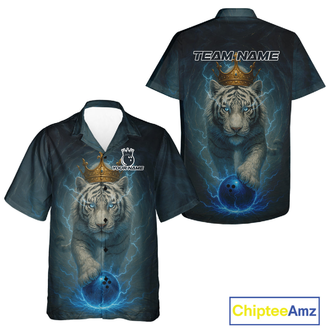 Blue Lightning Thunder Crown White Tiger Bowling Hawaiian Shirt Custom Team Tiger Bowling Shirt NQS10885
