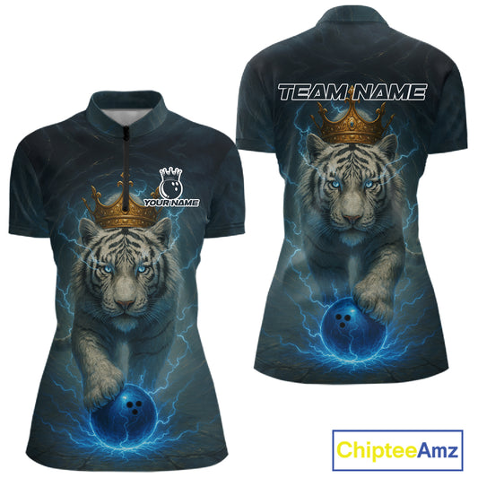 Blue Lightning Thunder Crown White Tiger Bowling Shirts For Women Custom Team Tiger Bowling Jerseys NQS10885