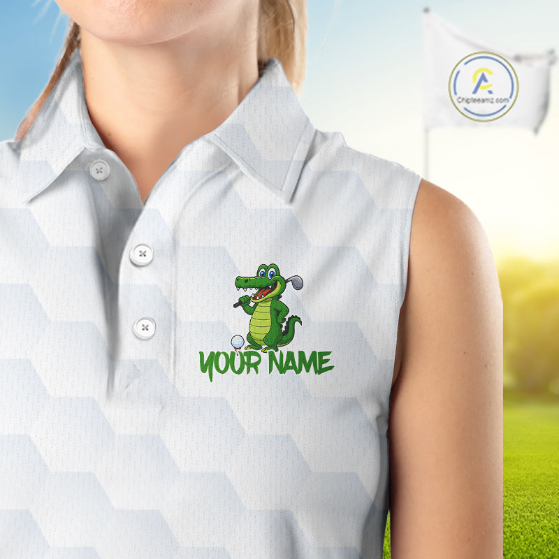 White and Green Funny Alligator Sleeveless Golf Polo Shirt custom ladies golf outfit, golfing gifts NQS10886