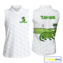Load image into Gallery viewer, White and Green Funny Alligator Sleeveless Golf Polo Shirt custom ladies golf outfit, golfing gifts NQS10886