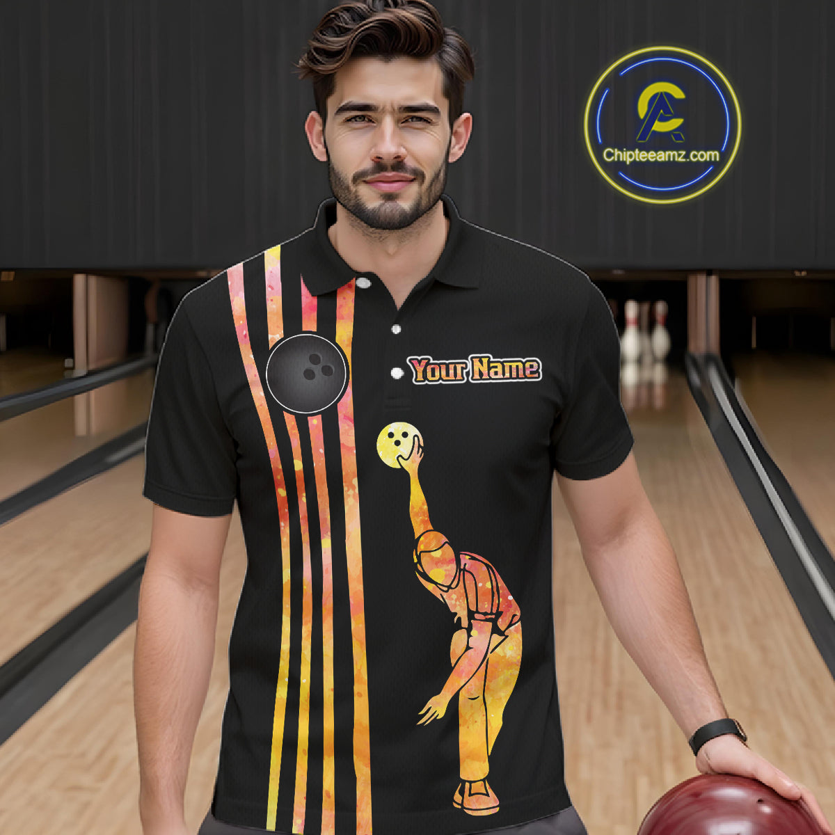 Personalized Watercolor Stripes Retro Bowling Team Shirts For Men, Black Bowling Attire For Men NQS11652