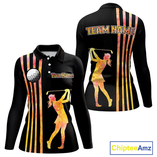 Personalized Watercolor Stripes Golf Polo Shirts For Women, Black Team Ladies Golf Attire NQS11651