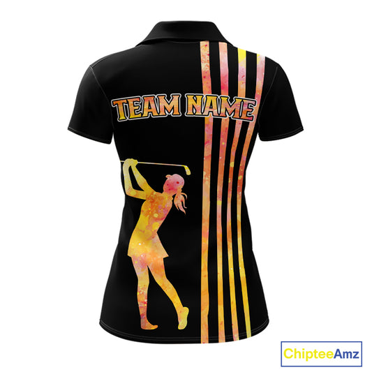 Personalized Watercolor Stripes Golf Polo Shirts For Women, Black Team Ladies Golf Attire NQS11651