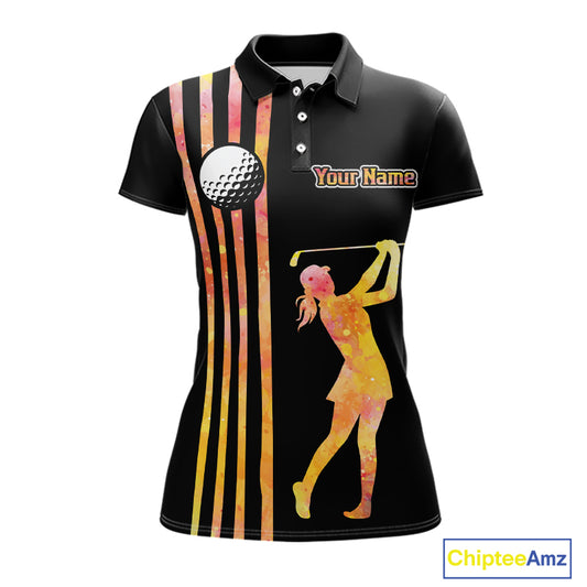 Personalized Watercolor Stripes Golf Polo Shirts For Women, Black Team Ladies Golf Attire NQS11651