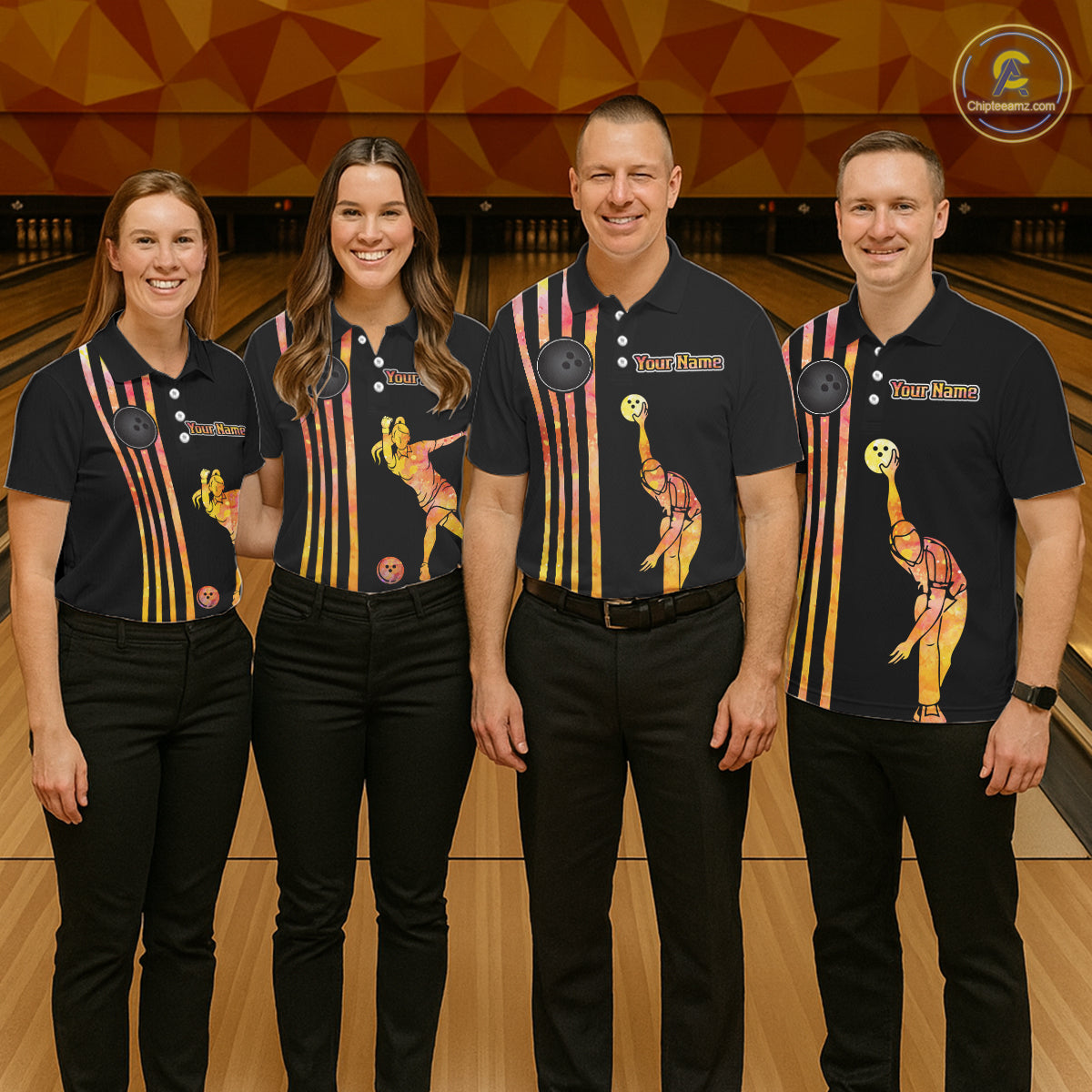 Personalized Watercolor Stripes Retro Bowling Team Shirts For Women, Black Bowling Attire For Ladies NQS11652