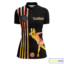 Load image into Gallery viewer, Personalized Watercolor Stripes Retro Bowling Team Shirts For Women, Black Bowling Attire For Ladies NQS11652