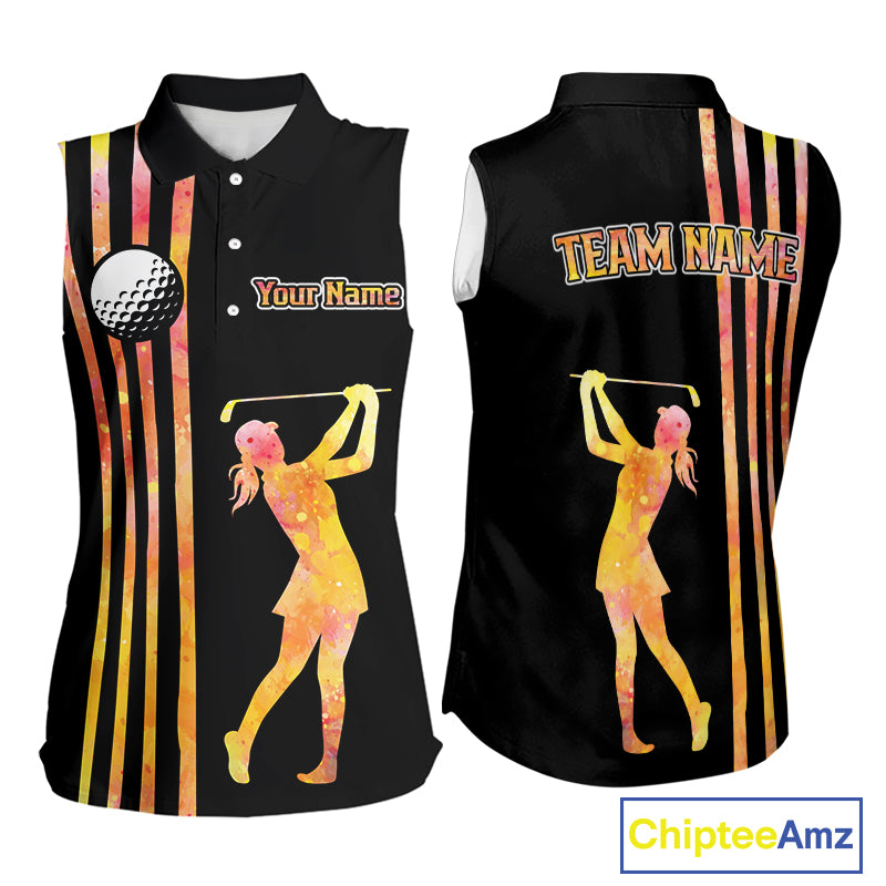 Personalized Watercolor Stripes Sleeveless Golf Polo Shirts For Women, Black Team Ladies Golf Attire NQS11651