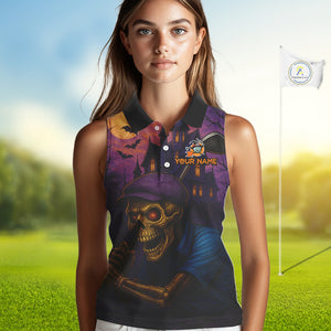 Funny Skull Halloween Sleeveless Golf Polo Shirts For Women Custom Halloween ladies golf top NQS10669