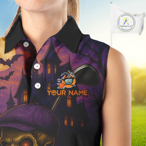 Funny Skull Halloween Sleeveless Golf Polo Shirts For Women Custom Halloween ladies golf top NQS10669