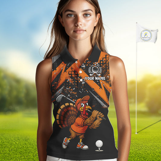 Custom Funny Turkey Ladies Golf top Black & Orange camo Thanksgiving Women Sleeveless Golf polo shirt NQS10672