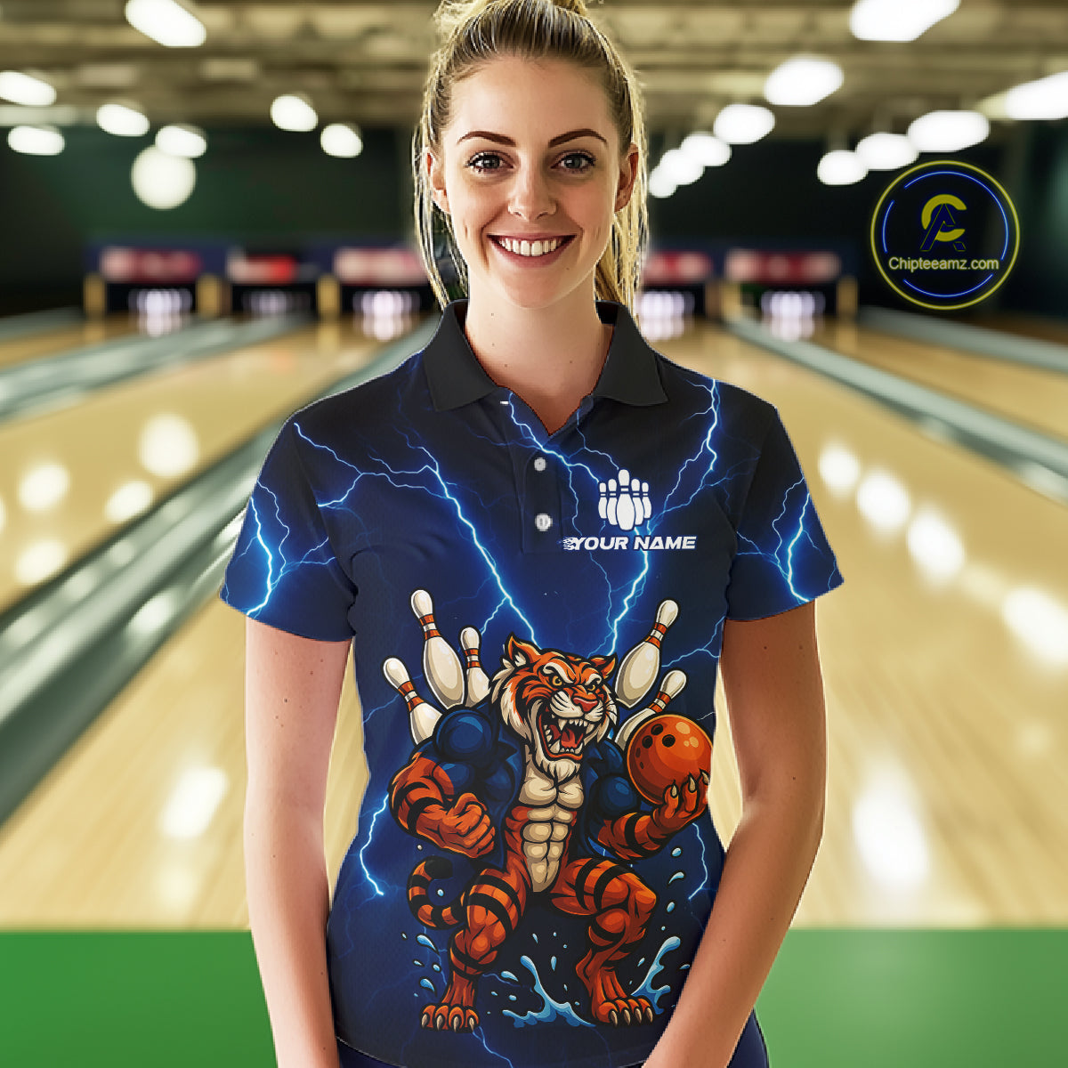 Personalized Tiger Bowling Team Shirts For Women, Blue Lightning Thunder Tiger Bowling Jerseys NQS11062
