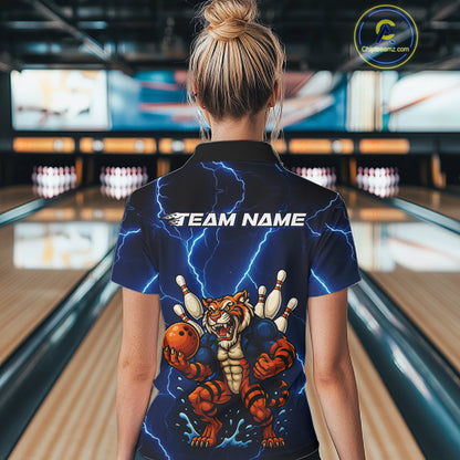 Personalized Tiger Bowling Team Shirts For Women, Blue Lightning Thunder Tiger Bowling Jerseys NQS11062