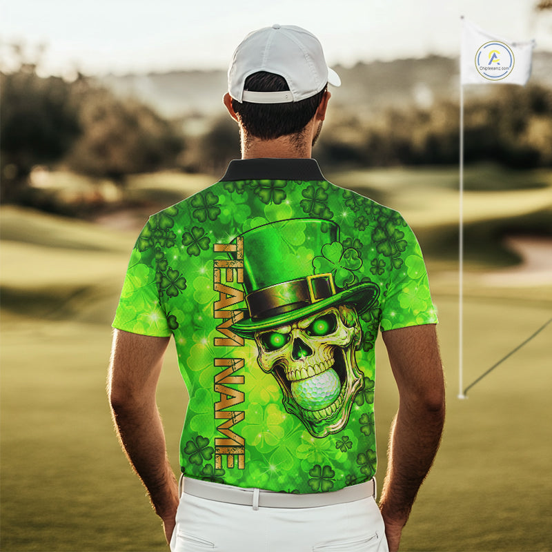 Funny Skull green shamrock pattern Golf Polo Shirts For Men Custom St Patrick's Day mens golf tops NQS11662