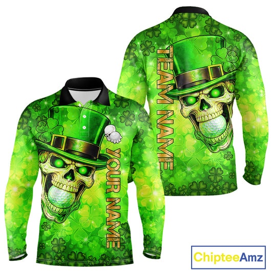 Funny Skull green shamrock pattern Golf Polo Shirts For Men Custom St Patrick's Day mens golf tops NQS11662