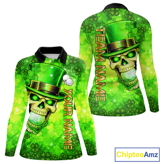 Funny Skull green shamrock pattern Golf Polo Shirts For Women Custom St Patrick's Day ladies golf top NQS11662