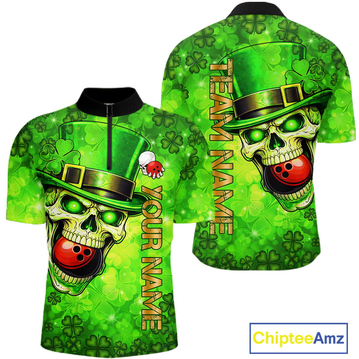 Funny Skull green shamrock pattern Bowling Shirt For Men Custom St Patrick's Day team bowling jerseys NQS11663