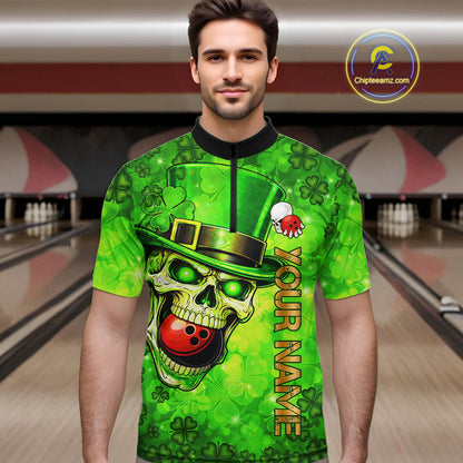 Funny Skull green shamrock pattern Bowling Shirt For Men Custom St Patrick's Day team bowling jerseys NQS11663