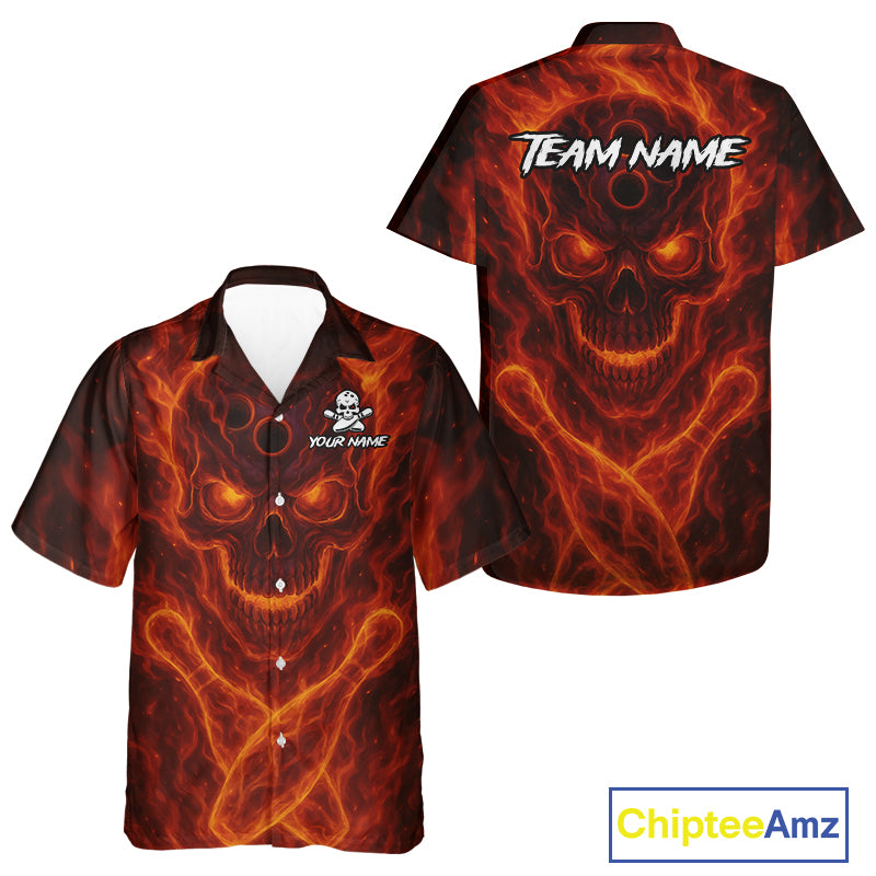 Custom Flame Skull Bowling Hawaiian Shirt, Skull Team Bowling Hawaiian League Shirts NQS10676