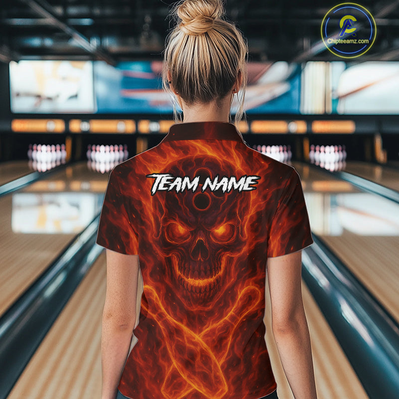 Custom Flame Skull Bowling Polo, Quarter Zip Shirt For Women, Skull Team Bowling League Jerseys NQS10676