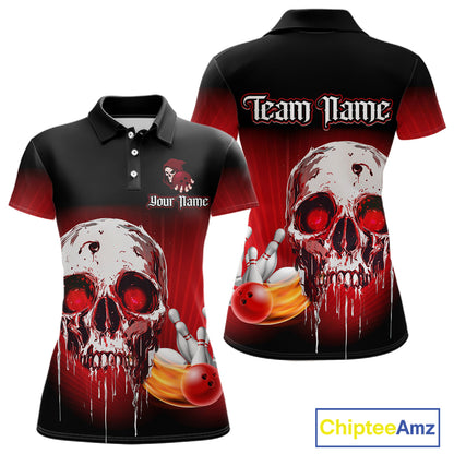 Black & Red Skull Bowling Polo, 1/4 zip shirts for Women Custom team bowling jerseys, Gift for bowler NQS11480