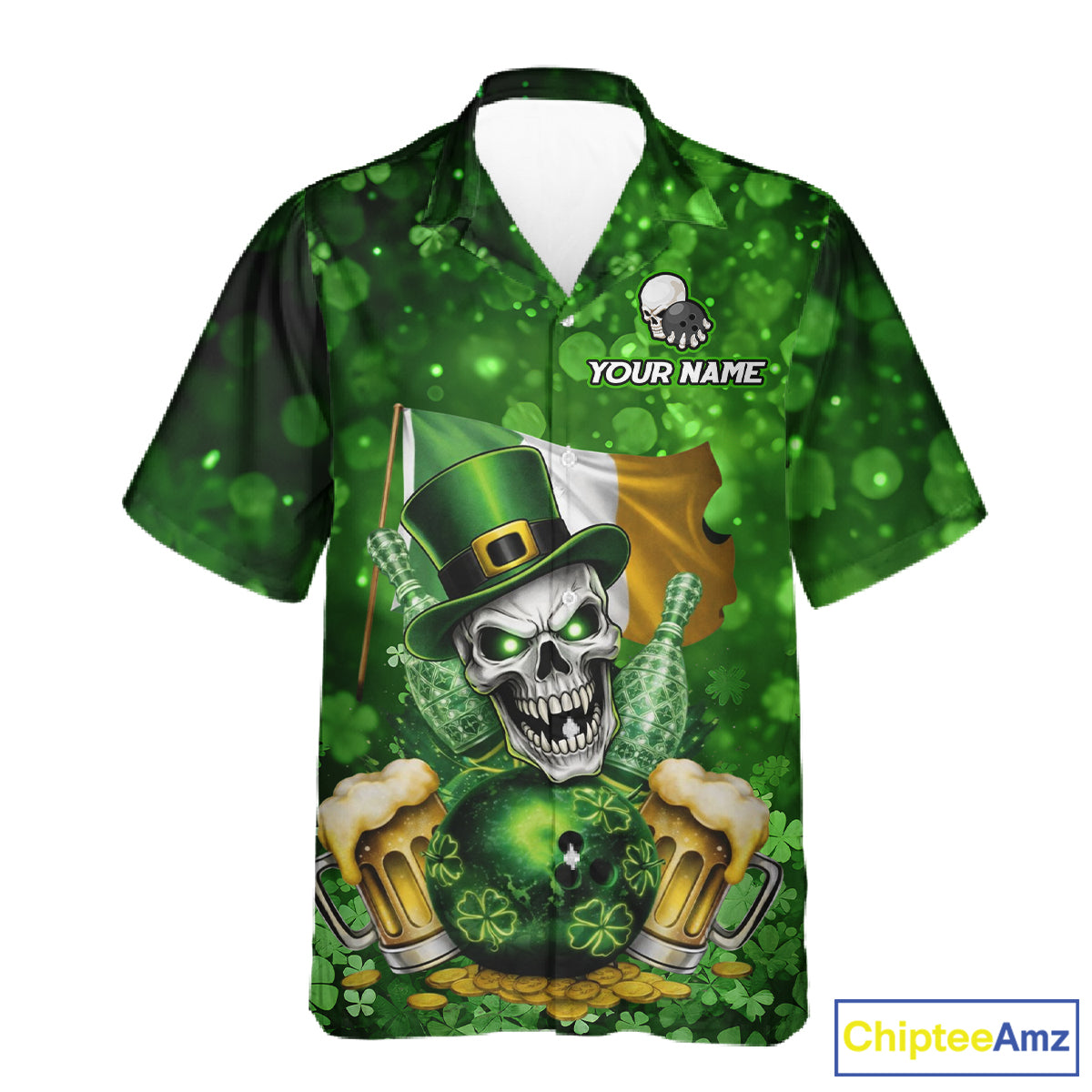 Custom Funny Skull Bowling and Beer Ireland Flag Green St Patrick Team Bowling Hawaiian shirts NQS11484
