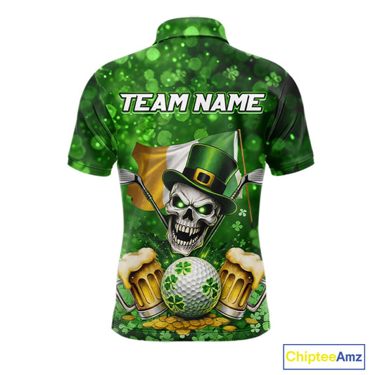 Custom Funny Skull Golf and Beer Ireland Flag Green St Patrick Team Polo shirts for Men, golfing gift NQS11485