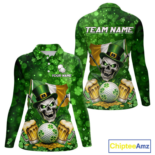Custom Funny Skull Golf and Beer Ireland Flag Green St Patrick Team Golf Polo shirts for Women NQS11485
