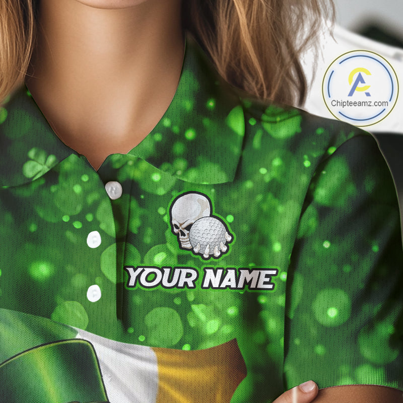 Custom Funny Skull Golf and Beer Ireland Flag Green St Patrick Team Golf Polo shirts for Women NQS11485