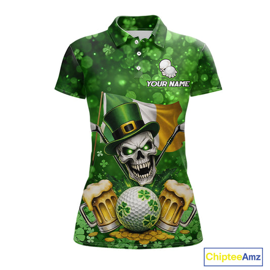 Custom Funny Skull Golf and Beer Ireland Flag Green St Patrick Team Golf Polo shirts for Women NQS11485