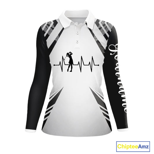 Black & White Golf Heartbeat US Flag Golf Polo Shirts for Women Custom Patriotic ladies golf attire NQS11754