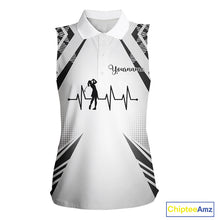Load image into Gallery viewer, Black &amp; White Golf Heartbeat US Flag Sleeveless Golf Polo Shirt Custom Patriotic ladies golf attire NQS11754