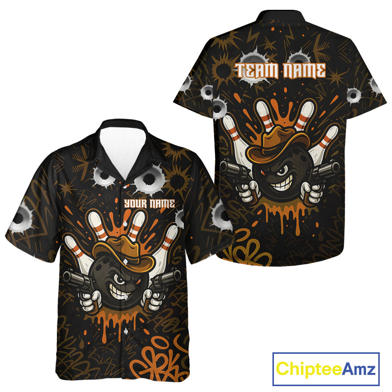 Funny Black and Orange Bowling Cowboy gun Bowling Hawaiian Shirt Custom bowling team button up shirt NQS10688