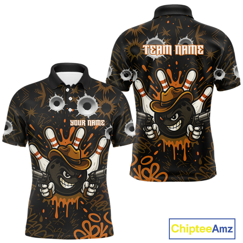 Funny Black and Orange Bowling Cowboy gun Men bowling polo, 1/4 zip shirts Custom bowling team jersey NQS10688