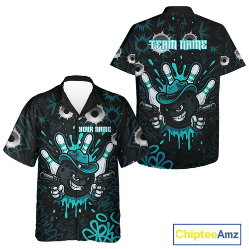 Black and Cyan Blue Bowling Cowboy gun Bowling Hawaiian Shirt Custom bowling team button up shirt NQS10689