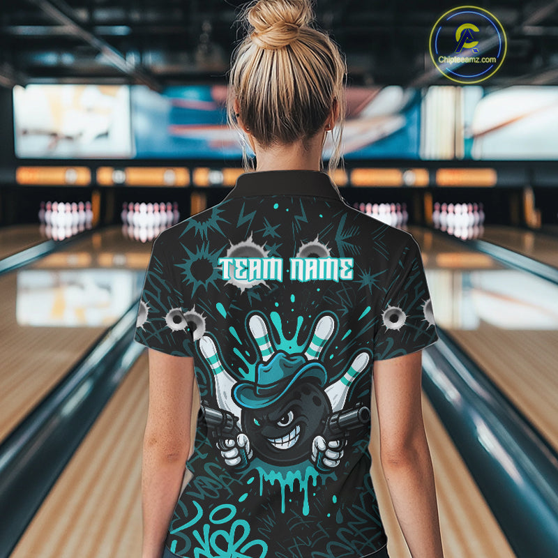 Black and Cyan Blue Bowling Cowboy gun Women bowling polo, 1/4 zip shirt Custom bowling team jersey NQS10689