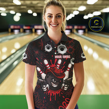 Load image into Gallery viewer, Funny Black and Red Bowling Cowboy gun Women bowling polo, 1/4 zip shirt Custom bowling team jersey NQS10690