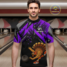 Load image into Gallery viewer, Custom Funny Turkey Bowling Jersey Black and Purple Thanksgiving Bowling Team Men Polo, 1/4 Zip Shirt NQS10901