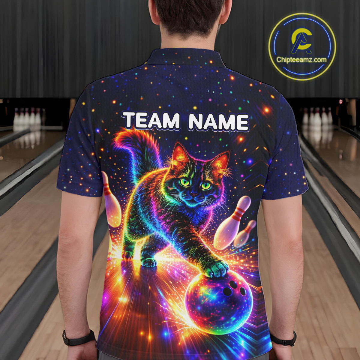 Personalized Bowling Shirts for Men Custom Cat Team Bowling Apparel, Colorful Neon bowling shirts NQS11517