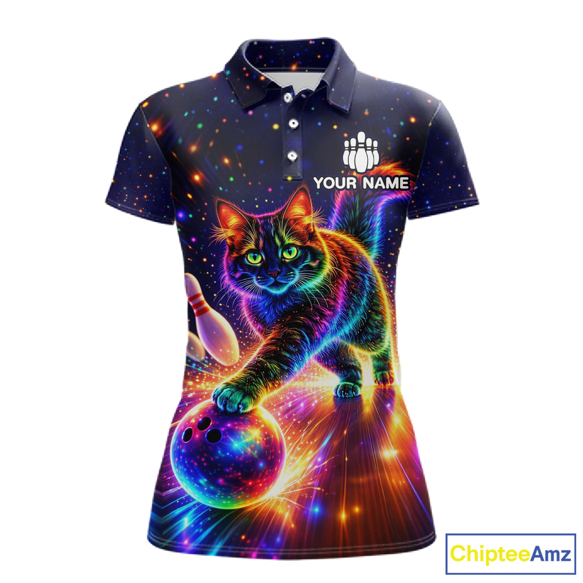 Personalized Bowling Shirts for Women Custom Cat Team Bowling Apparel, Colorful Neon bowling shirts NQS11517