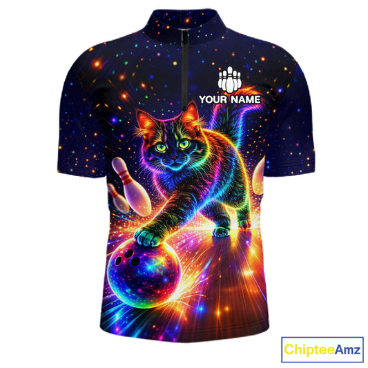 Personalized Bowling Shirts for Men Custom Cat Team Bowling Apparel, Colorful Neon bowling shirts NQS11517