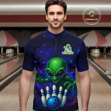 Load image into Gallery viewer, Funny Galaxy Alien Bowling Polo, 1/4 Zip Shirt For Men Custom Bowling Team Outfit, Gift For Bowler NQS10729